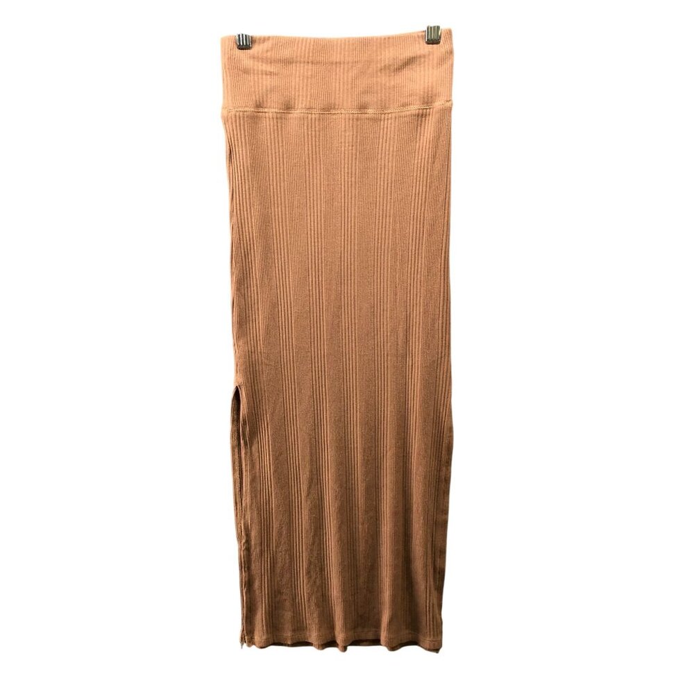 NWT Aerie Ribbed Midi Skirt Womens XS Tan Pull On Side Slits Bodycon Stretch